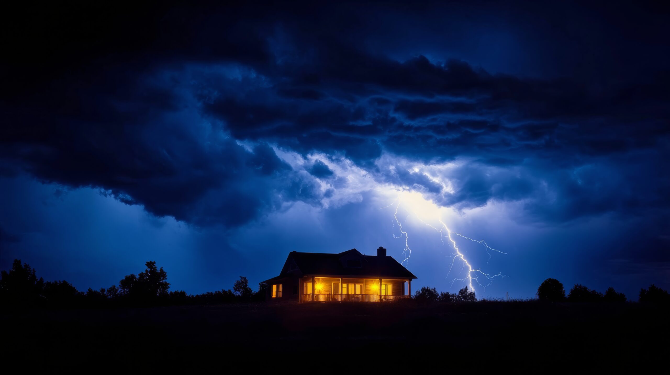 A stormy night features a cozy house illuminated from within, while bright lightning flashes across the dark sky. Ominous clouds loom, creating an intense atmosphere.