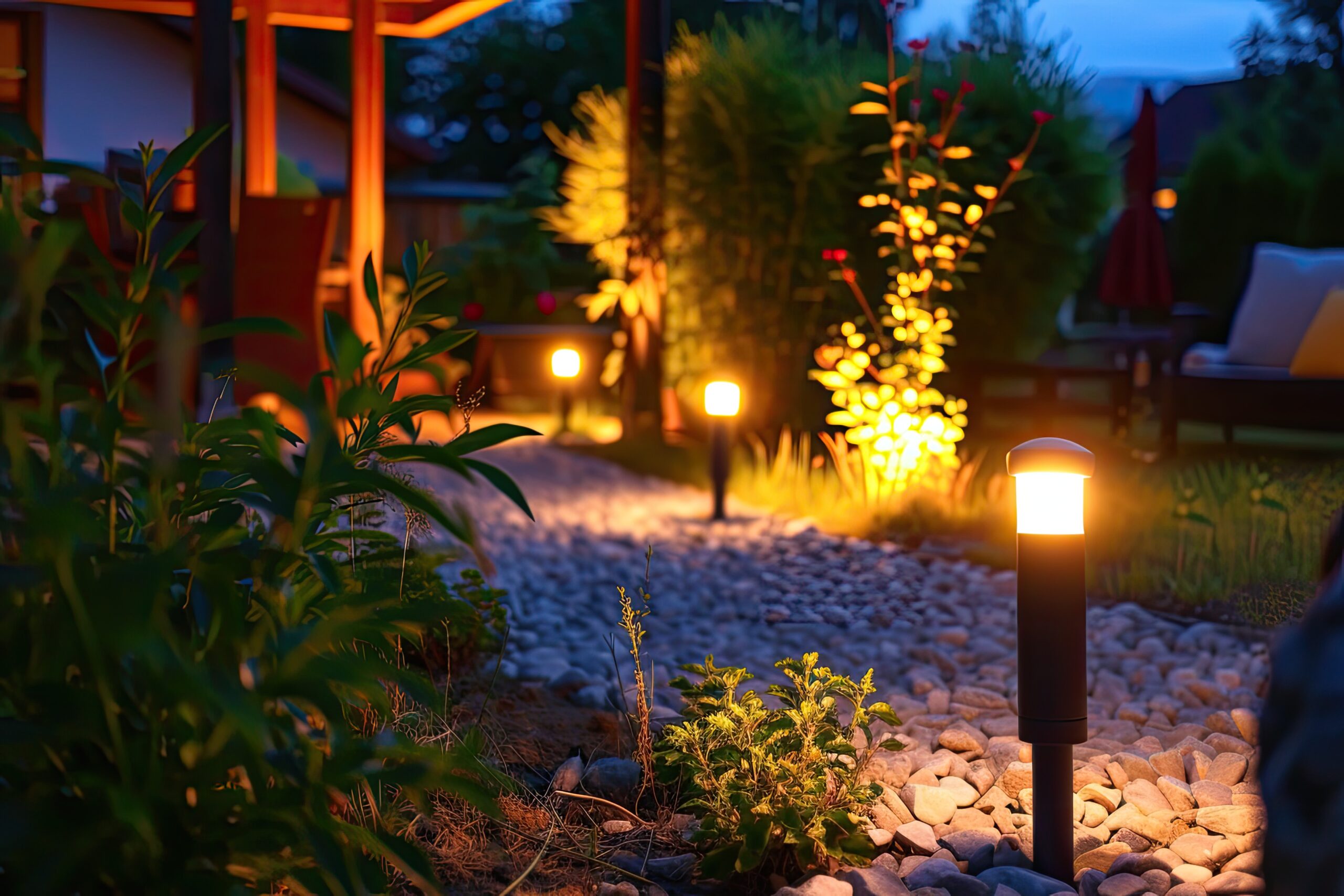 Light posts illuminated backyard garden during night hours. Modern backyard outdoor lighting systems.