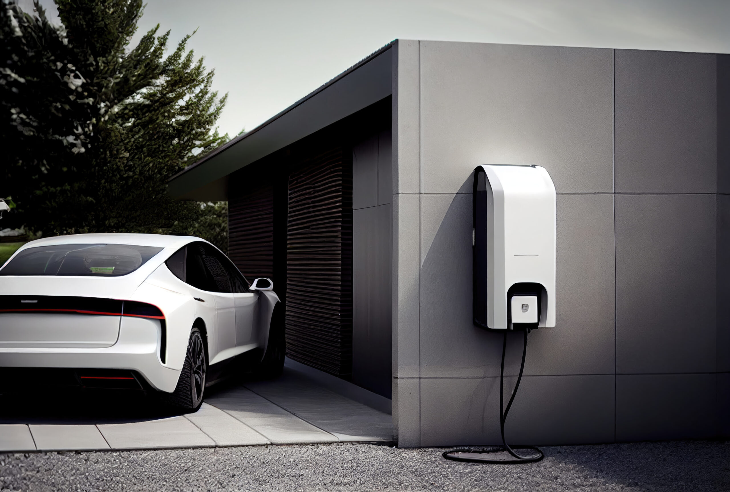 EV car with Electric charging station charger on build in wall at house. Technology and transportation concept. Generative AI